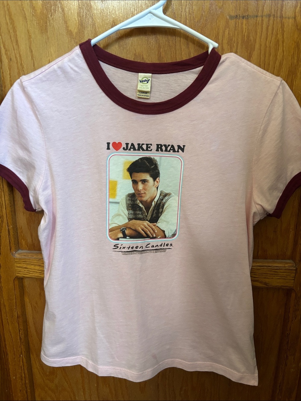 Kavio Pink Ringer Tee with Burgundy Trim and Retro Portrait Graphic 16 candles